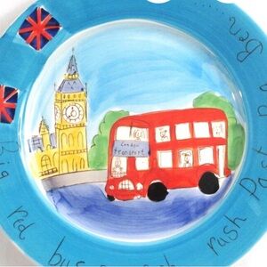 Very Rare!  Two Charming Colorful London Bus And Bobbie’s Plates